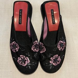 Vintage Nine West embellished black denim mules